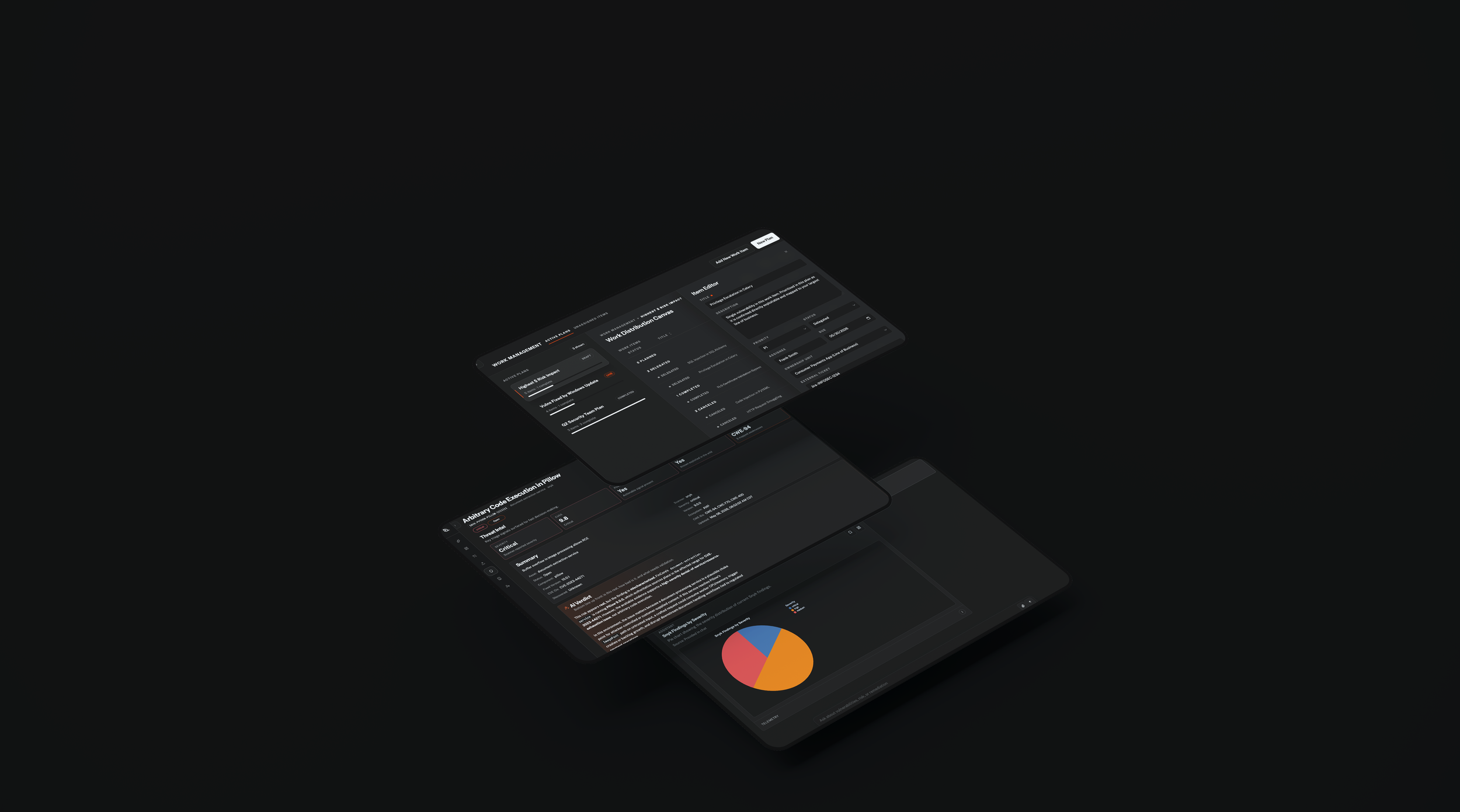 Untamed Theory platform screens: work management, vulnerability detail, and reporting